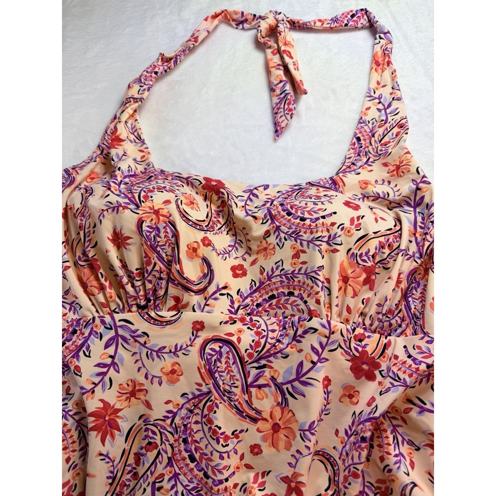 Lands' End Women's Wood Lilly Paisley Halter Tankini Swim Top Sz 16 Coral UPF 50 - Picture 2 of 10